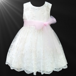 Girls Ivory Floral Lace Dress with Baby Pink Organza Sash